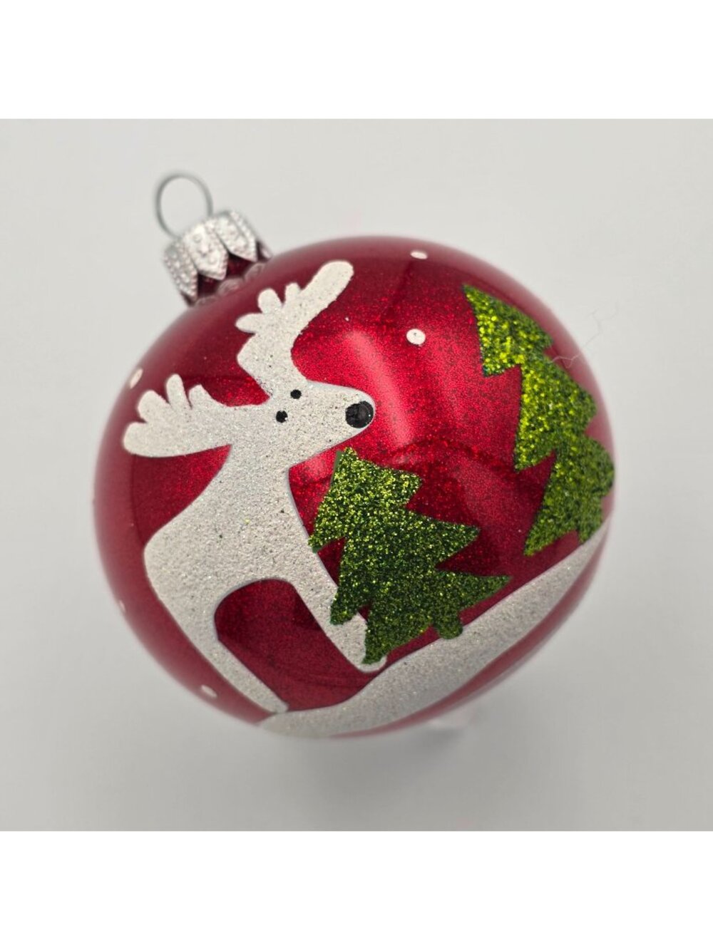 Red Glitter Christmas Ornament With Reindeer & Tree Design 3"
